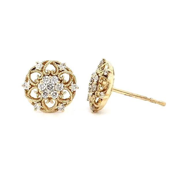14K Yellow Gold Antique Styled Open Filigree Diamond Stud Earrings Image 3 Quality Gem LLC Bethel, CT