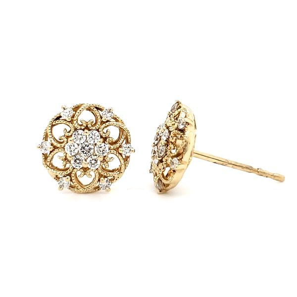 14K Yellow Gold Antique Styled Open Filigree Diamond Stud Earrings Image 3 Quality Gem LLC Bethel, CT