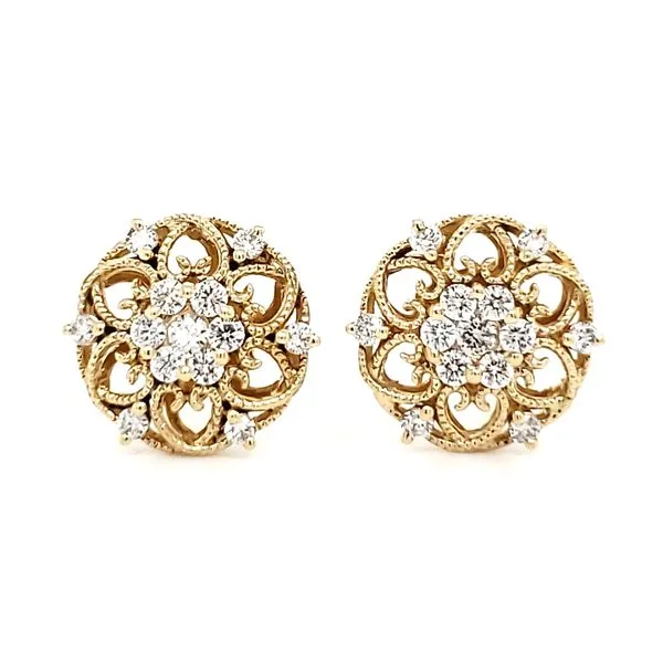 14K Yellow Gold Antique Styled Open Filigree Diamond Stud Earrings Quality Gem LLC Bethel, CT