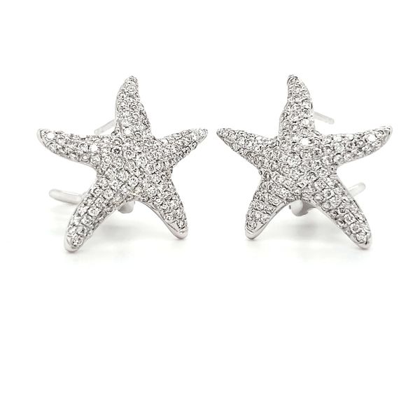 14K White Gold Pavé Diamond Encrusted Starfish Omega Back Earrings Image 2 Quality Gem LLC Bethel, CT