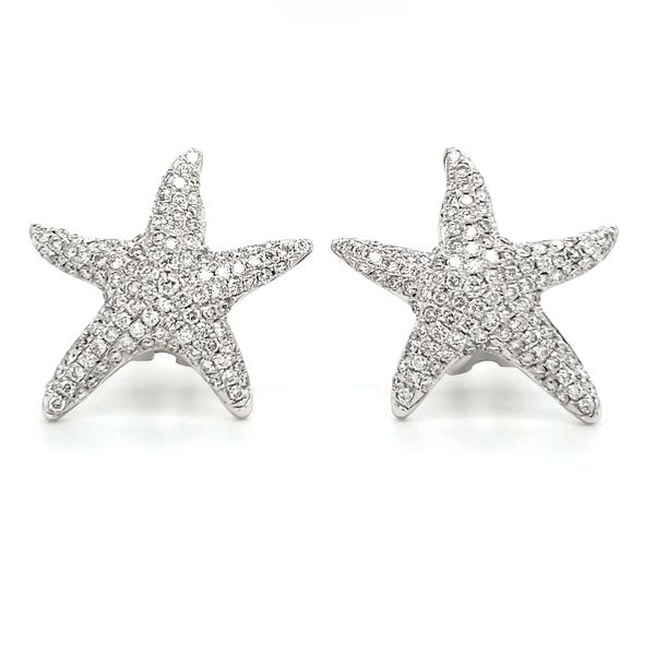 14K White Gold Pavé Diamond Encrusted Starfish Omega Back Earrings Quality Gem LLC Bethel, CT