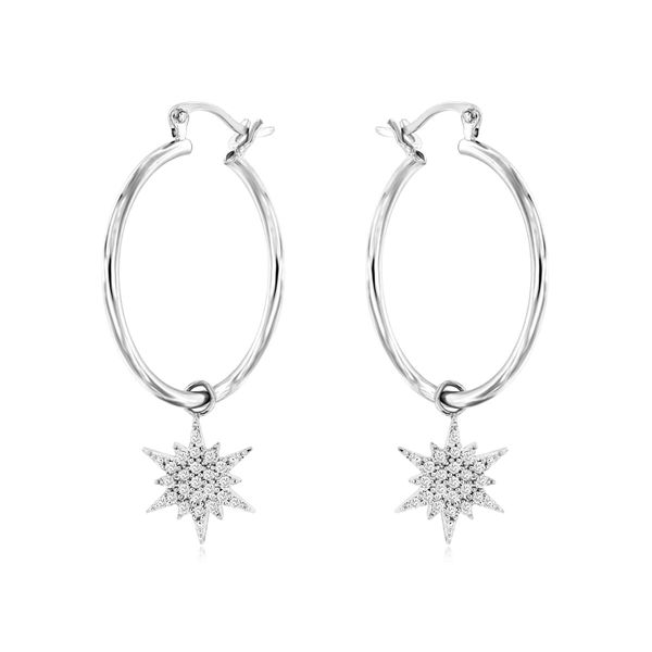 14K White Gold Diamond Starburst Dangle Hoop Earrings Quality Gem LLC Bethel, CT