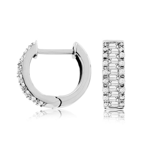 14K White Gold Baguette & Round Diamond Huggie Hoop Earrings Quality Gem LLC Bethel, CT