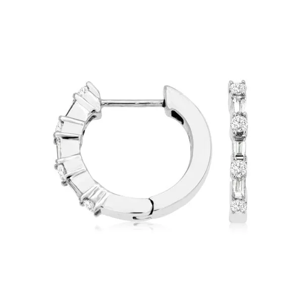 14K White Gold Baguette and Round Diamond Hoop Earrings Quality Gem LLC Bethel, CT