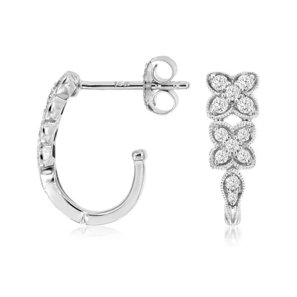 14K White Gold Milgrain Flower J Hoop Diamond Earrings Quality Gem LLC Bethel, CT