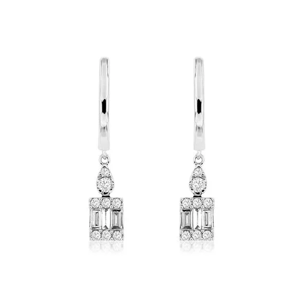 14K White Gold  Oval Hoop Baguette And Round Diamond Square Cluster Dangle Earrings Quality Gem LLC Bethel, CT