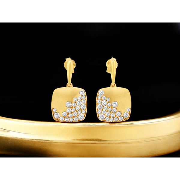 14K Yellow Gold Scatter Diamond Square Dangle Earrings Image 2 Quality Gem LLC Bethel, CT