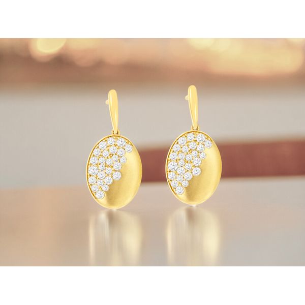 14K Yellow Gold Scatter Diamond Oval Disc Dangle Earrings Image 2 Quality Gem LLC Bethel, CT