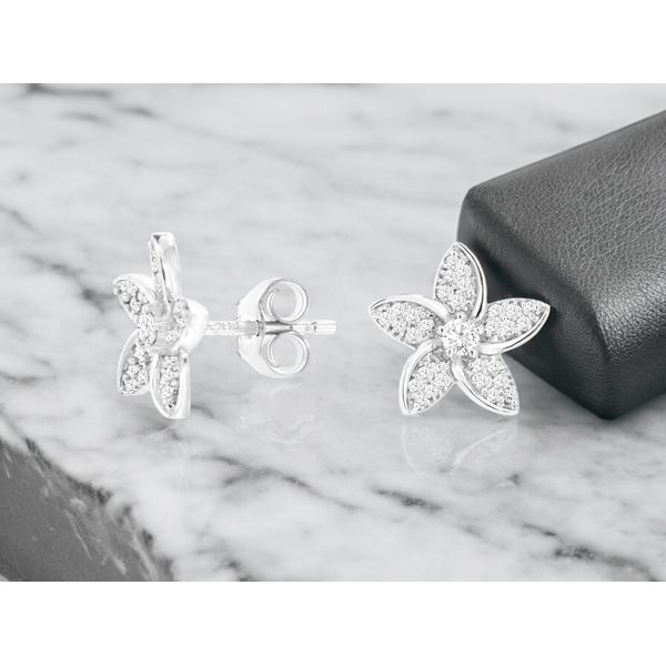 14K White Gold Diamond Flower Earrings Image 2 Quality Gem LLC Bethel, CT