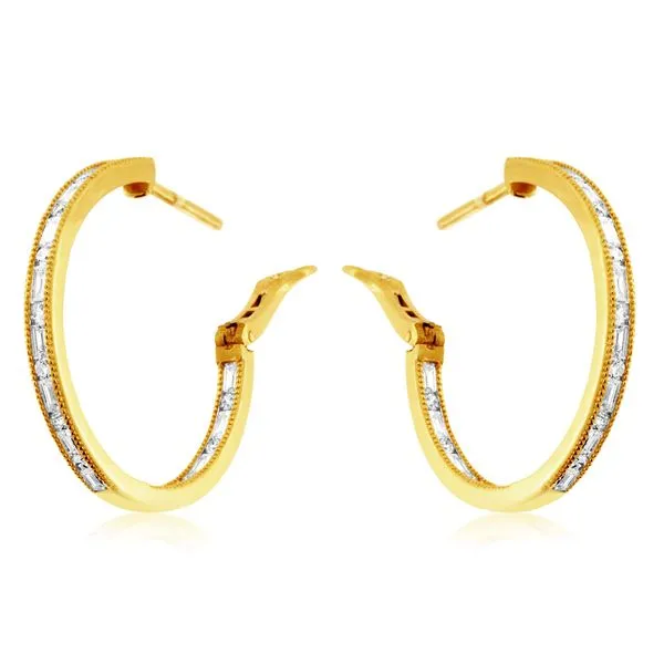 14K Yellow Gold Baguette and Round Diamond Inside Outside Hoop Earrings Quality Gem LLC Bethel, CT