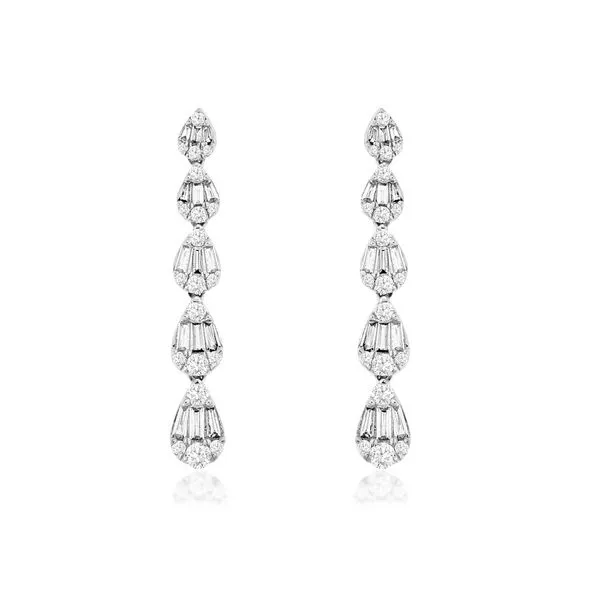 14K White Gold Baguette and Round Diamond Line Earrings Quality Gem LLC Bethel, CT