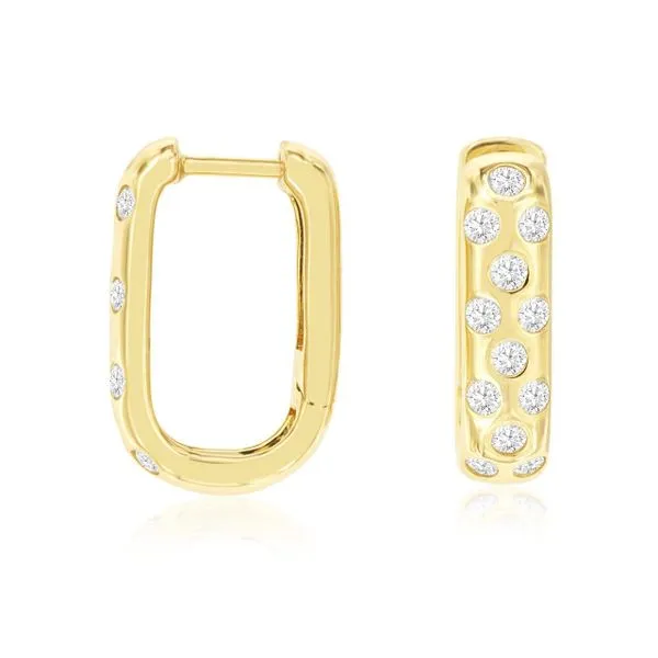 14K Yellow Gold  Gypsy Set Rectangular Hoop Huggie Diamond Earrings Quality Gem LLC Bethel, CT