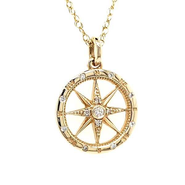 14K Yellow Gold Polished Diamond Compass Pendant Image 2 Quality Gem LLC Bethel, CT