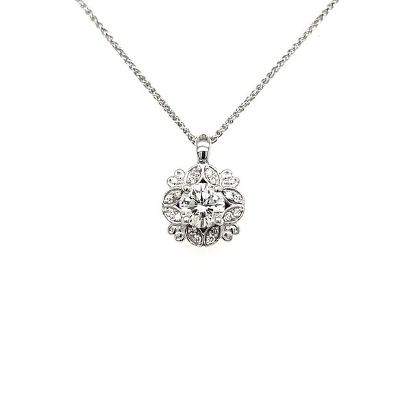 14K White Gold Floral Halo Diamond Pendant Image 3 Quality Gem LLC Bethel, CT