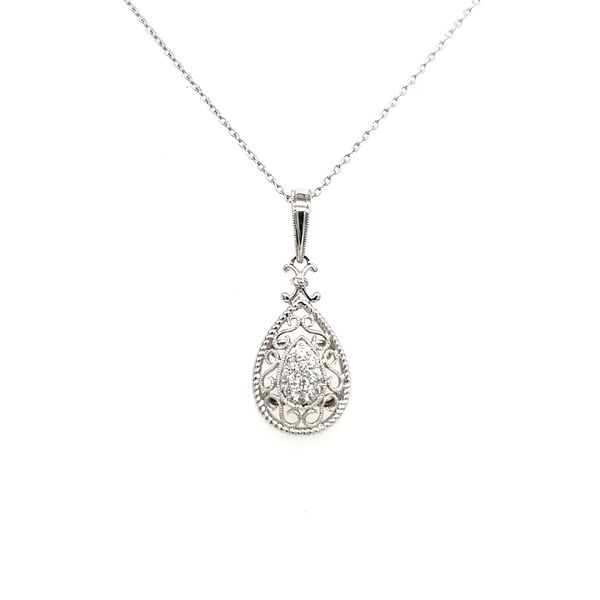 14K White Gold Filigree Pear Cluster Diamond Pendant Image 4 Quality Gem LLC Bethel, CT