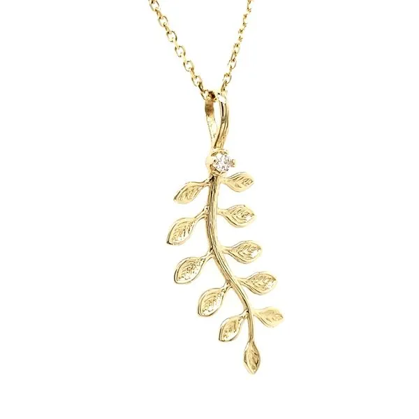 14K Yellow Gold Textured Ivy & Diamond Pendant Image 2 Quality Gem LLC Bethel, CT