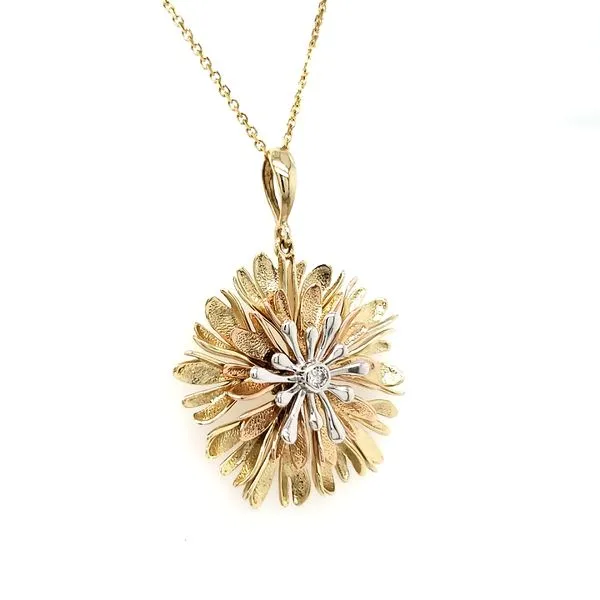 14K Tricolor Textured Flower With Diamond Center Pendant Image 2 Quality Gem LLC Bethel, CT