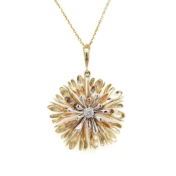 14K Tricolor Textured Flower With Diamond Center Pendant Quality Gem LLC Bethel, CT