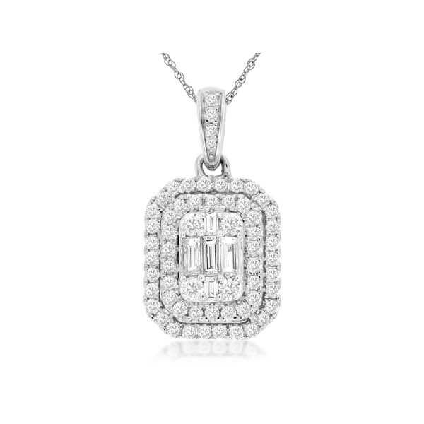 14K White Gold Double Halo Baguette & Round Diamond Cluster Pendant Quality Gem LLC Bethel, CT
