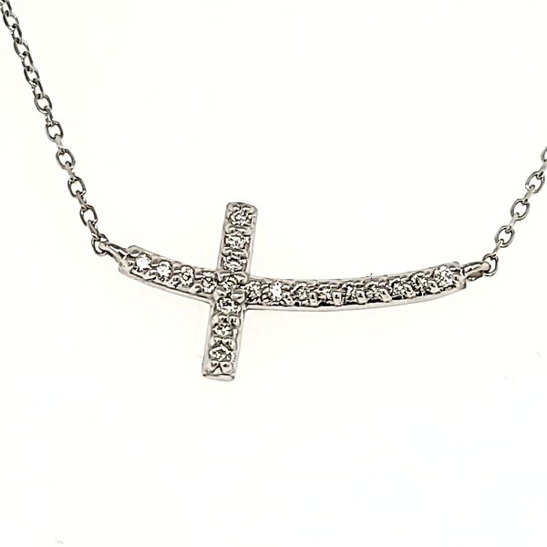 14K White Gold Curved East-West Diamond Cross Necklace Quality Gem LLC Bethel, CT