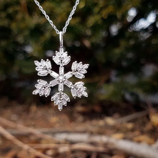 14K White Gold Baguette Diamond Snowflake Pendant
