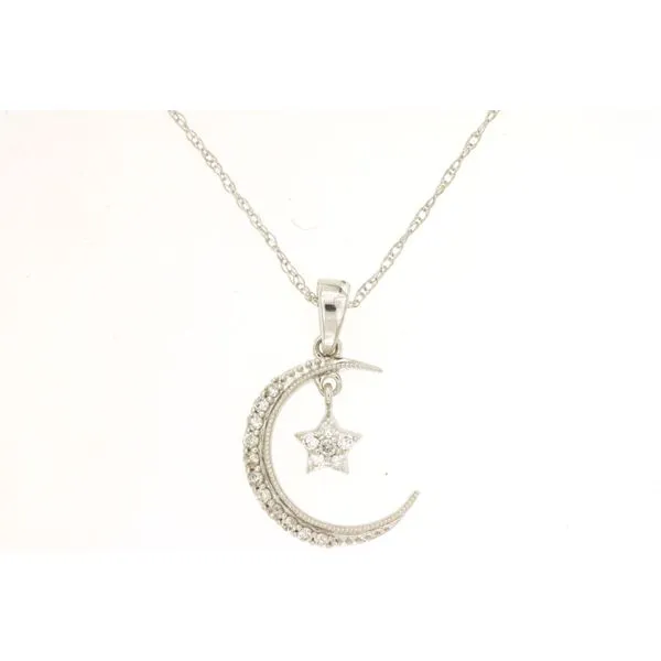 14K White Gold Diamond Moon and Star Pendant Length 18 Inches Quality Gem LLC Bethel, CT