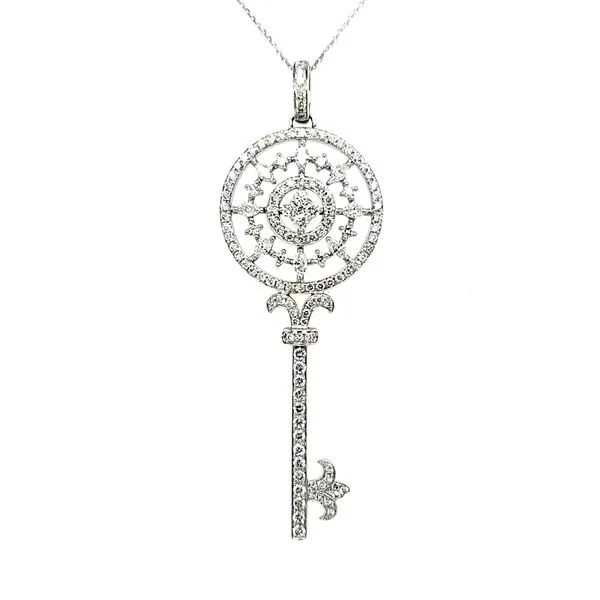 14K White Gold Large Key Pendant Length 18 Inches with Marquise and Round Diamonds Quality Gem LLC Bethel, CT