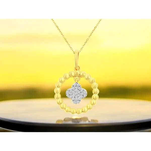 14K Yellow Gold Beaded Circle With Diamond Quatrefoil Dangle Length 18 Inches Image 2 Quality Gem LLC Bethel, CT