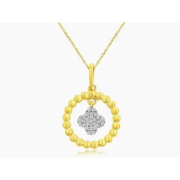 14K Yellow Gold Beaded Circle With Diamond Quatrefoil Dangle Length 18 Inches Quality Gem LLC Bethel, CT