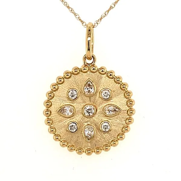 14K Yellow Gold Florentine Beaded Bezels Diamond Disc Pendant Length 18 Inches Quality Gem LLC Bethel, CT