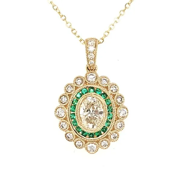 14K Yellow Gold Diamond and Emerald Beaded Bezel Oval Halo Pendant Length 18 Inches Quality Gem LLC Bethel, CT