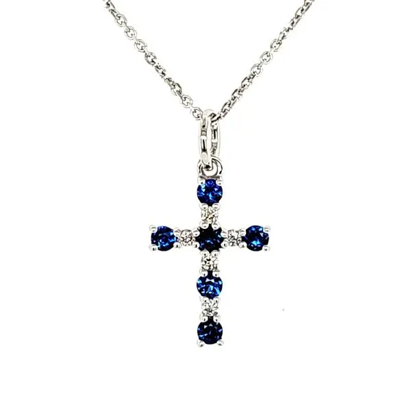 14K White Gold Sapphire and Diamond Cross Pendant Length 18 Inches Quality Gem LLC Bethel, CT