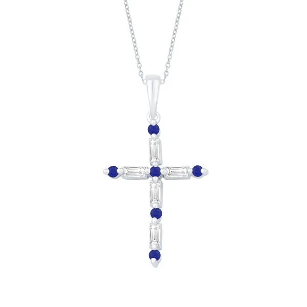 14K White Gold Sapphire and Diamond Cross Pendant Length 18 Inches Quality Gem LLC Bethel, CT
