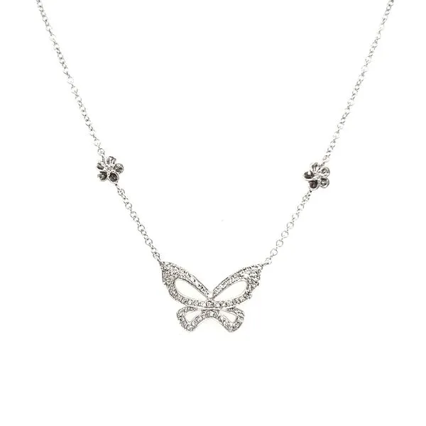 14K White Gold Diamond Butterfly & Flower Necklace Image 2 Quality Gem LLC Bethel, CT