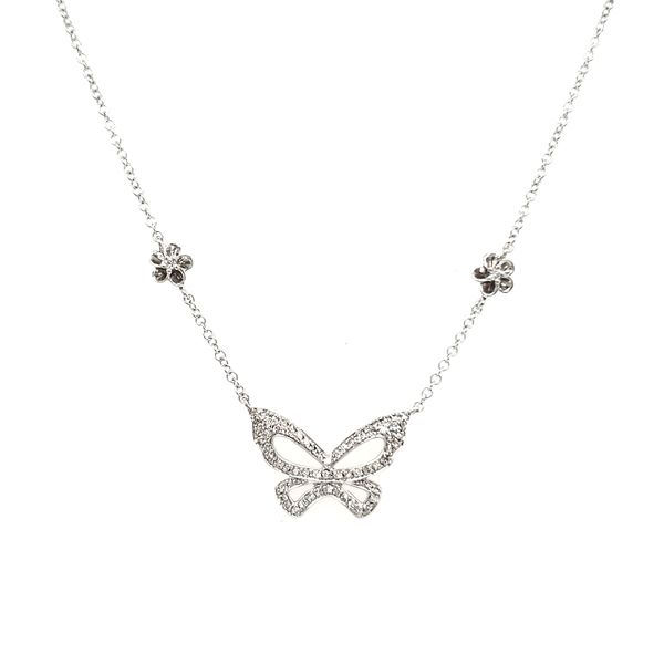 14K White Gold Diamond Butterfly & Flower Necklace Image 2 Quality Gem LLC Bethel, CT