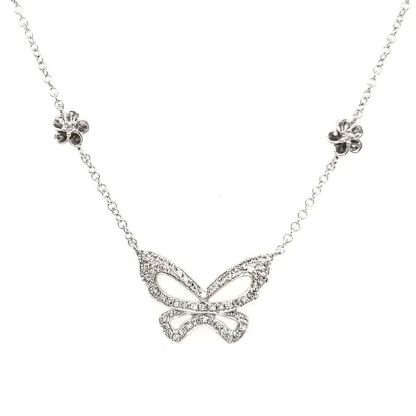 14K White Gold Diamond Butterfly & Flower Necklace Image 3 Quality Gem LLC Bethel, CT