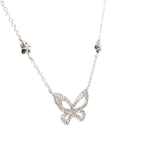 14K White Gold Diamond Butterfly & Flower Necklace Image 4 Quality Gem LLC Bethel, CT