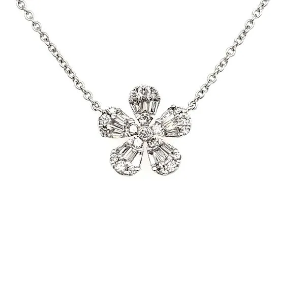 14K White Gold Baguette & Round Diamond Flower Necklace Image 2 Quality Gem LLC Bethel, CT