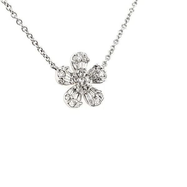 14K White Gold Baguette & Round Diamond Flower Necklace Image 3 Quality Gem LLC Bethel, CT