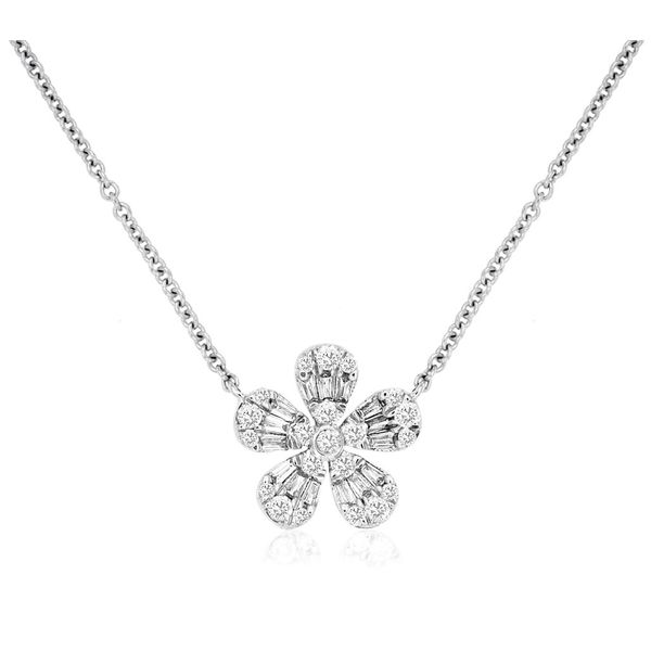 14K White Gold Baguette & Round Diamond Flower Necklace Quality Gem LLC Bethel, CT