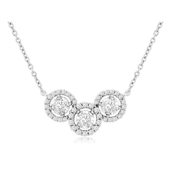 14K White Gold Three Stone Halo Diamond Necklace Quality Gem LLC Bethel, CT
