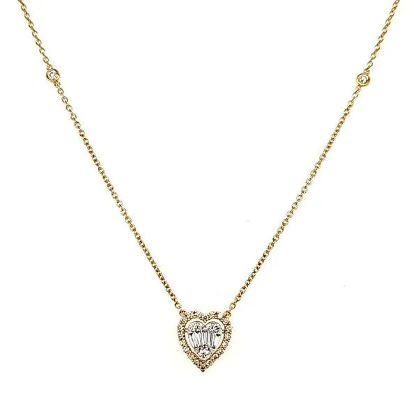 14K Yellow Gold Baguette and Round Diamond Heart Necklace Length 18 Inches Quality Gem LLC Bethel, CT