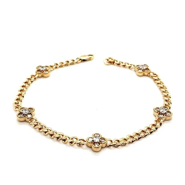 14K Yellow Gold Curb and Quatrefoil Diamond Station Bracelet Length 7 Inches Quality Gem LLC Bethel, CT