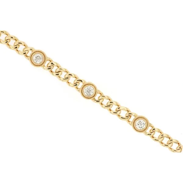 14K Yellow Gold Curb Link Bracelet with Beaded Bezel Diamond Stations Length 7.25 Inches Quality Gem LLC Bethel, CT