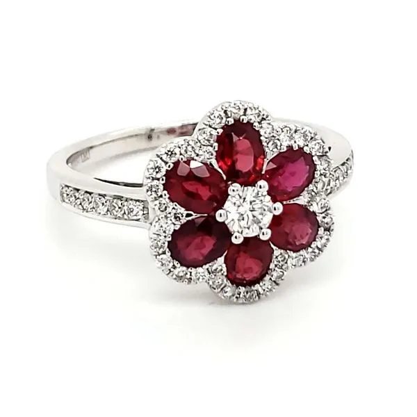 18K White Gold Floral Ruby & Diamond Ring Image 2 Quality Gem LLC Bethel, CT