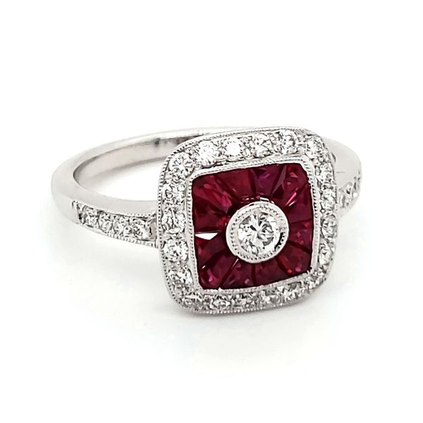 14K White Gold Art Deco Styled Ruby & Diamond Ring Image 2 Quality Gem LLC Bethel, CT