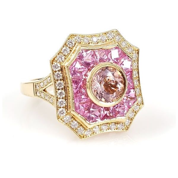 18K Yellow Gold Morganite, Pink Sapphire & Diamond Art Deco Styled Ring Image 2 Quality Gem LLC Bethel, CT