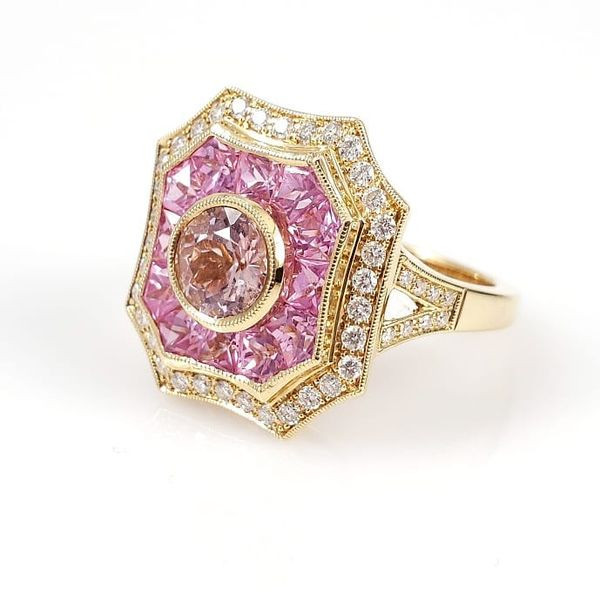18K Yellow Gold Morganite, Pink Sapphire & Diamond Art Deco Styled Ring Image 3 Quality Gem LLC Bethel, CT