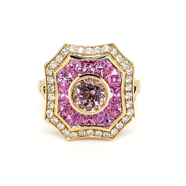 18K Yellow Gold Morganite, Pink Sapphire & Diamond Art Deco Styled Ring Image 4 Quality Gem LLC Bethel, CT