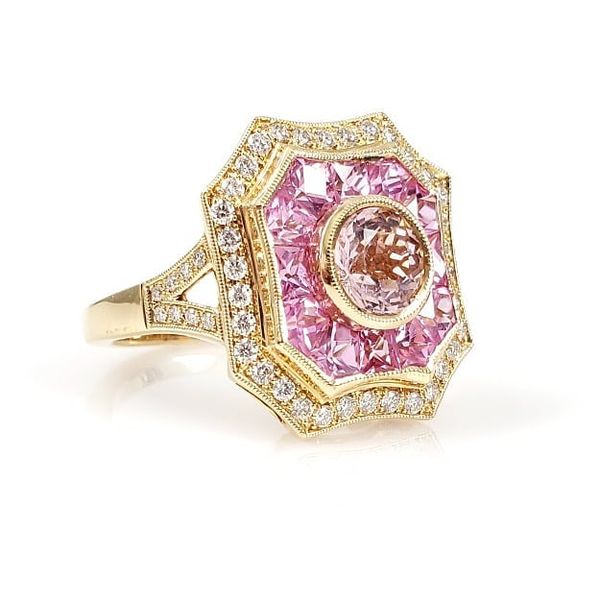 18K Yellow Gold Morganite, Pink Sapphire & Diamond Art Deco Styled Ring Quality Gem LLC Bethel, CT